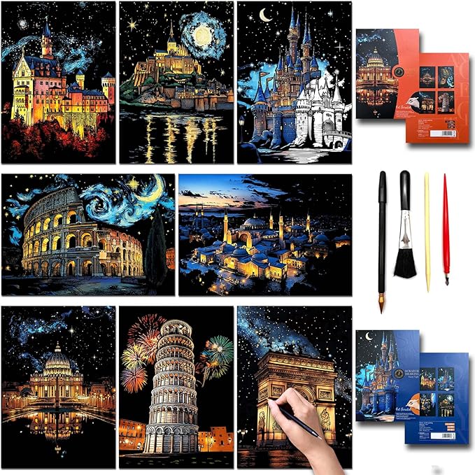 Rainbow Scratch Painting Art Kit - Scratch Art Painting for Adults and Teens, DIY Craft Kit with 4 Tools and 8 Sheets of Paper, Ancient Cities Series Creative Gifts 16''x11''(European)