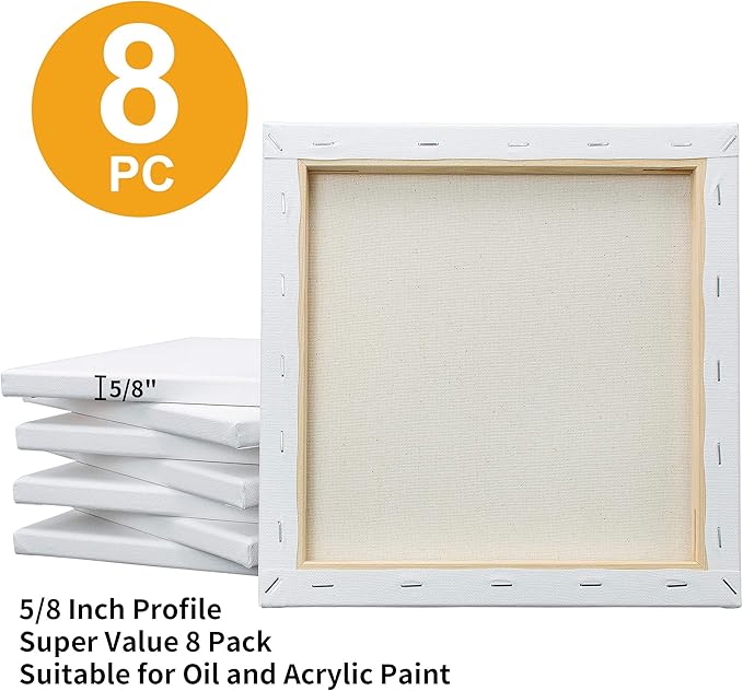 FIXSMITH Stretched White Blank Canvas - 10 x10 Inch, Bulk Pack of 8, Primed, 100% Cotton, 5/8 Inch Profile of Super Value Pack for Acrylics,Oils & Other Painting Media.