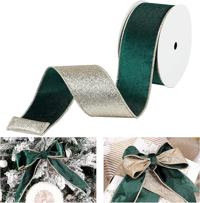 Hunter Green Velvet Wired Ribbon with Glitter Back 2.5 Inch Dark Green and Gold Christmas Wired Ribbon for Christmas Tree, Gift Wrapping, Crafts, Wreaths Supplies, Topper Bows (10 Yards)