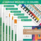 Acrylic Paint Set -12 Acrylic Paints, 6 Paint Brushes for Acrylic Painting, 3 Painting Canvas Panels - Premium Art Supplies for Adults Canvas Painting