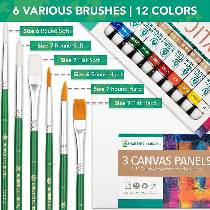 Acrylic Paint Set -12 Acrylic Paints, 6 Paint Brushes for Acrylic Painting, 3 Painting Canvas Panels - Premium Art Supplies for Adults Canvas Painting