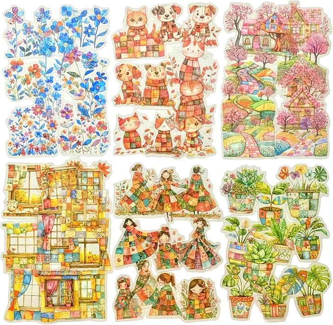 TIAMECH Spliced World PET Stickers - 60 Pcs Window Flower Bloom Plant & Playmates Cottage Girl Design, Waterproof Sticker for Journaling & Scrapbooking, Junk Journal Supplies, Ephemera & DIY Crafts