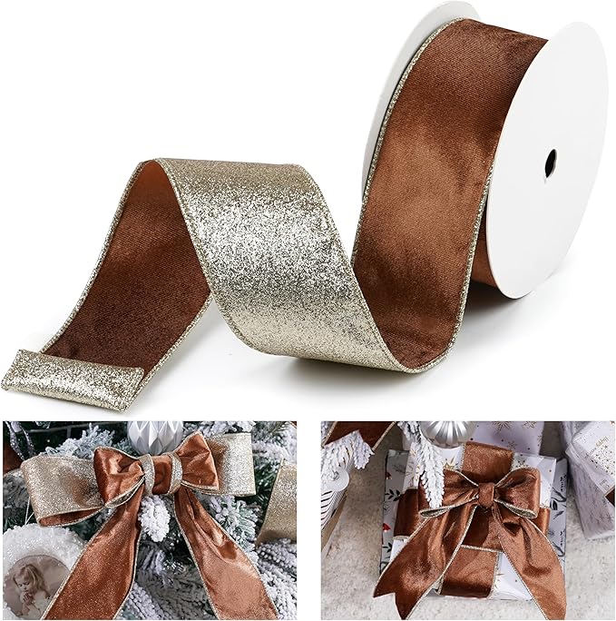 Brown Velvet Wired Ribbon with Glitter Back 2.5 Inch Camel Christmas Ribbon Wired Reversible Ribbon for Christmas Tree, Gift Wrapping, Crafts, Wreaths Supplies, Topper Bows (10 Yards)