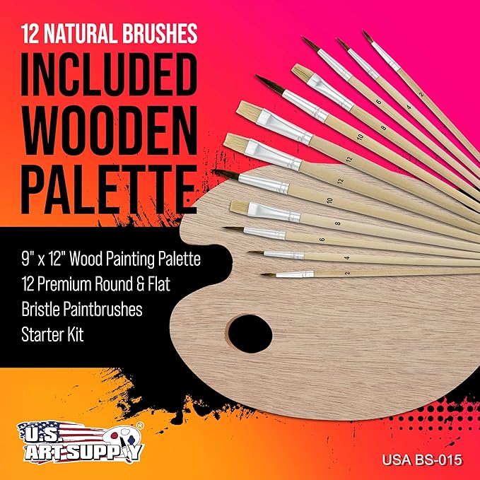 U.S. Art Supply 12-Piece Artist Paint Brush Set with 9" x 12" Wood Painting Palette - 12 Premium Round & Flat Bristle Paintbrushes - Fun Kids, Adults, Students, School Teachers, Beginners, Starter Kit
