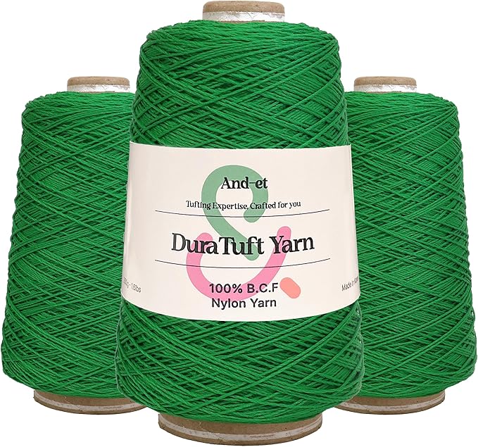 And-et DuraTuft Yarn 45 Vibrant Colors Tufting Nylon Yarn Pack - Ideal for Crochet, Craft Projects -100% B.C.F. - 3 Cones x 1.66lbs -180yards -Perfect for Rug Weaving and Knitting (37 Green)