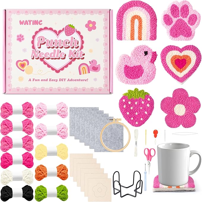 WATINC Christmas Punch Needle Coaster Kits - 23Pcs Easy Art Work Decor Craft Supply for Beginners, DIY Set of 6 Pattern Tufted Pads with Adhesive Felt Yarns Tools Instruction Customized Boxes (Pink)
