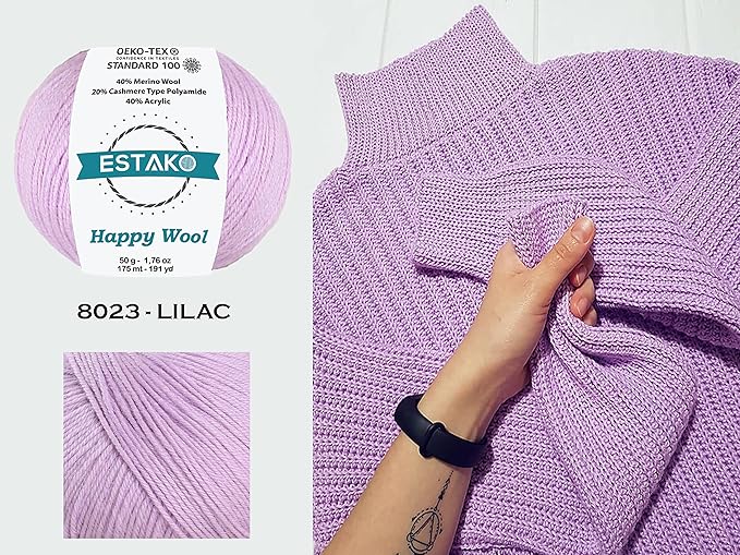 Estako Happy Wool (2 Skeins Pack) 40% Merino Wool 20% Cashmere Type Polyamide 40% Acyrlic Fingering Weight Soft Knitting and Crochet Yarn (2 x 1.76 oz) (2 x 191 yds) (8031 - Rose Pink)