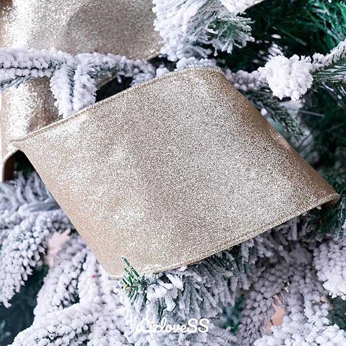 Brown Velvet Wired Ribbon with Glitter Back 4 Inch Camel Christmas Ribbon Wired Reversible Ribbon for Christmas Tree, Gift Wrapping, Crafts, Wreaths Supplies, Topper Bows (10 Yards)