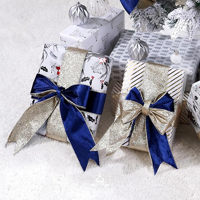 Blue Velvet Wired Ribbon with Glitter Back 2.5 Inch Navy Blue and Gold Christmas Ribbon Wired Ribbon for Christmas Tree, Gift Wrapping, Mantel, Wreaths Supplies, Topper Bows (10 Yards)