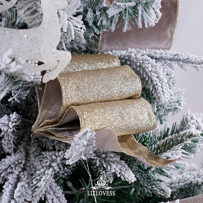 Taupe Velvet Wired Ribbon with Glitter Back 4 Inch Camel and Gold Christmas Ribbon Wired Taupe Ribbon for Christmas Tree, Gift Wrapping, Mantel, Wreaths Supplies, Topper Bows (10 Yards)