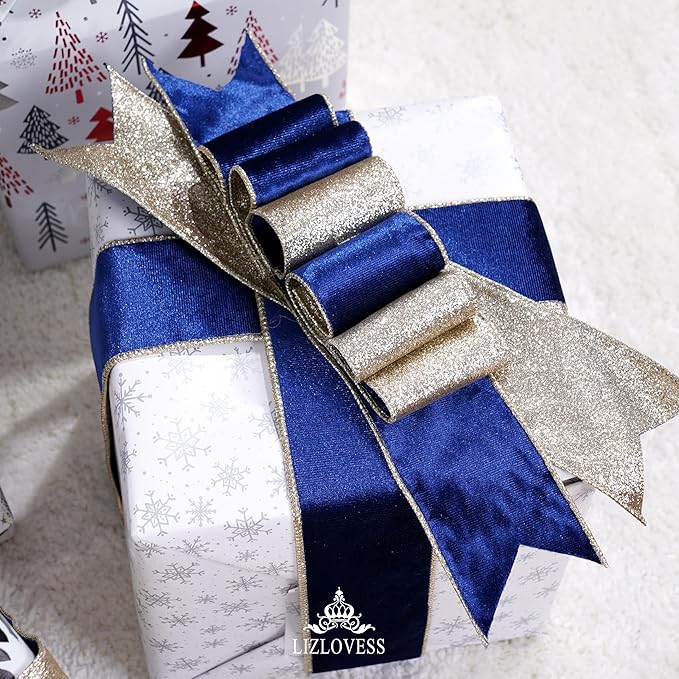 Blue Velvet Wired Ribbon with Glitter Back 2.5 Inch Navy Blue and Gold Christmas Ribbon Wired Ribbon for Christmas Tree, Gift Wrapping, Mantel, Wreaths Supplies, Topper Bows (10 Yards)