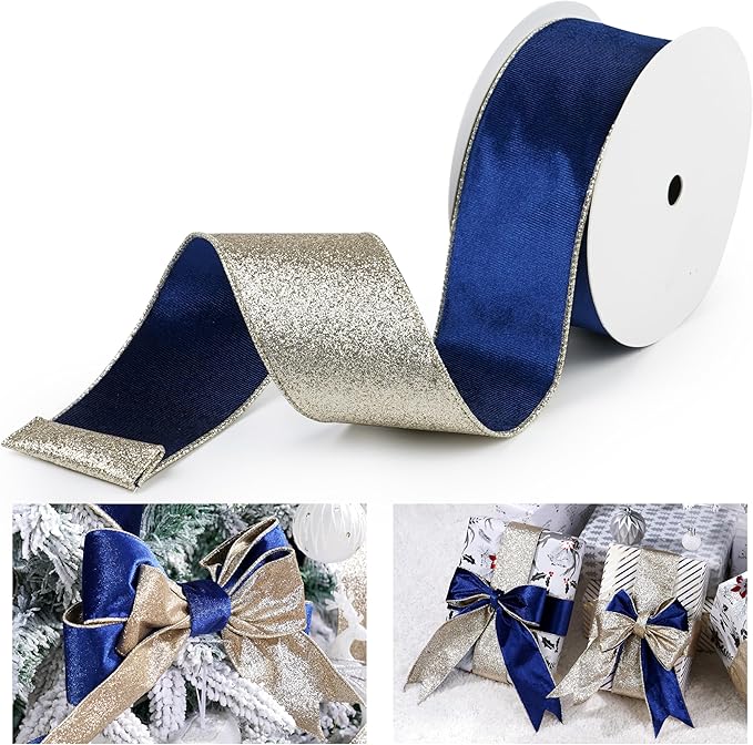 Blue Velvet Wired Ribbon with Glitter Back 2.5 Inch Navy Blue and Gold Christmas Ribbon Wired Ribbon for Christmas Tree, Gift Wrapping, Mantel, Wreaths Supplies, Topper Bows (10 Yards)