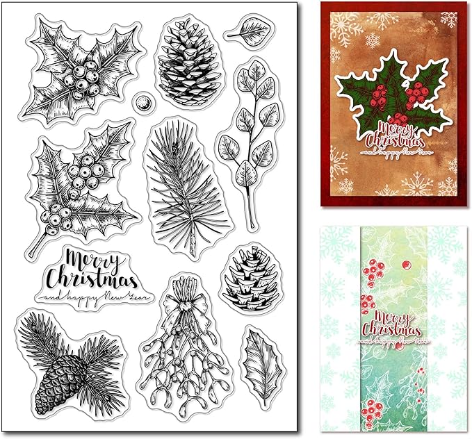 Arbuya Christmas Berry Branch Silicone Clear Stamps for Card Making Evergreen Ornaments Silicone Stamps Christmas Sentiment Rubber Stamps for Scrapbooking Journals Paper Crafting