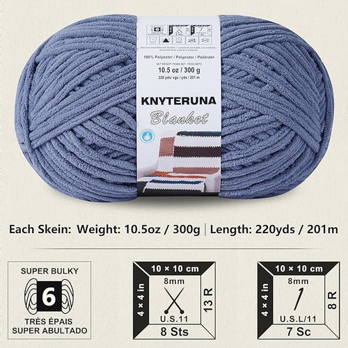 #6 Super Bulky Blanket Yarn for Crocheting - 4 Skeins(Each 10.5oz/300g, 220yds/201m), Chunky Chenille Thick Plush Big Soft Yarn for Crocheting Knitting Blankets, Blue Gray