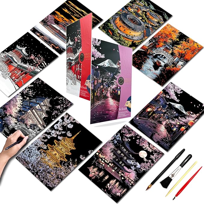 Scratch Art for Adults-Laser Scratch Painting Craft Kit (8 Sheets 16x11 in)|Foil Engraving Art Set|Stress Relief Gift for Travel Lovers,Craft Lovers|Creative Scratch Art Home Decor(Asian Series)