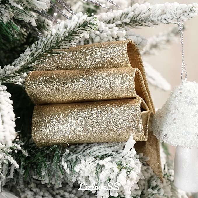 Khaki Velvet Wired Ribbon with Glitter Back 4 Inch Gold Christmas Ribbon Wired Camel Ribbon for Christmas Tree Decorations, Gift Wrapping, Crafts, Wreaths Supplies, Bows (10 Yards)