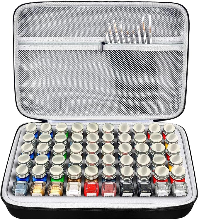 Model Paint Storage Case for Testors Paint Set, Paints Organizer Carrying Bag Holds 60 Bottles with 9 Fine Detail Miniatures Brushes, Enamel Container, Drawing Ink Holder-Box Only (Grey)