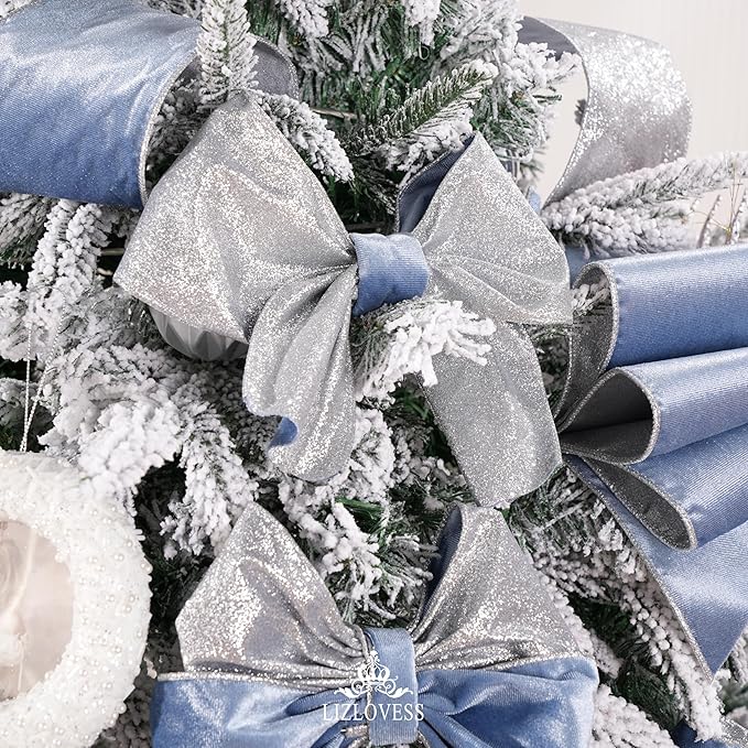 Dusty Blue Velvet Wired Ribbon with Glitter Back 4 Inch Blue and Silver Christmas Ribbon Wired Ribbon for Christmas Tree, Gift Wrapping, Mantel, Wreaths Supplies, Topper Bows (10 Yards)