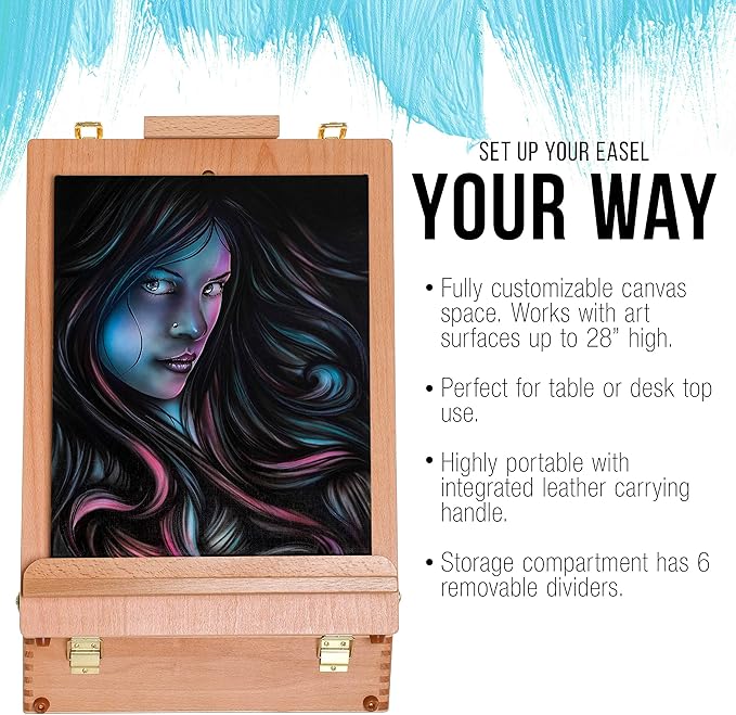 U.S. Art Supply Newport Large Adjustable Wood Desktop Easel - Premium Beechwood Tabletop Drawing Easel with Storage, Paint Palette, Portable Easels for Painting, Drawing, Sketchbox