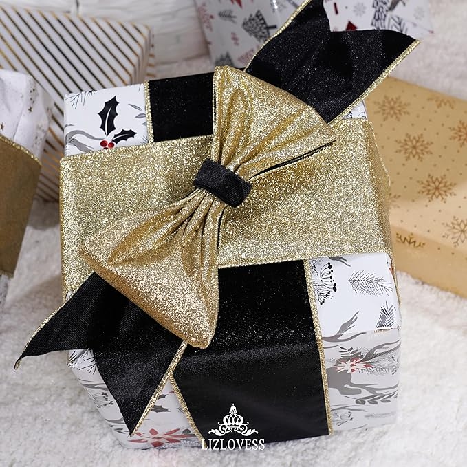 Black Velvet Wired Ribbon with Glitter Back 4 Inch Black and Gold Christmas Ribbon Wired Ribbon for Christmas Tree, Gift Wrapping, Mantel, Wreaths Supplies, Topper Bows (10 Yards)