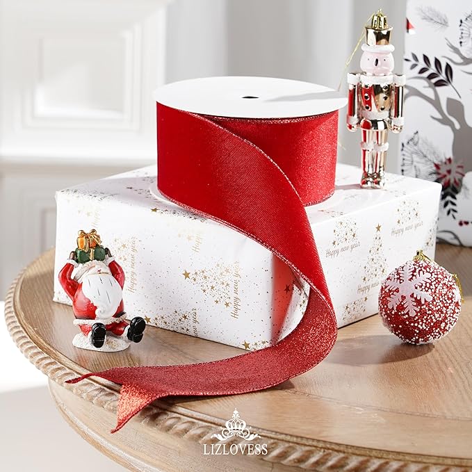 Red Velvet Wired Ribbon with Glitter Back 2.5 Inch Red Christmas Ribbon Wired Reversible Ribbon for Christmas Tree, Gift Wrapping, Mantel, Wreaths Supplies, Topper Bows (10 Yards)