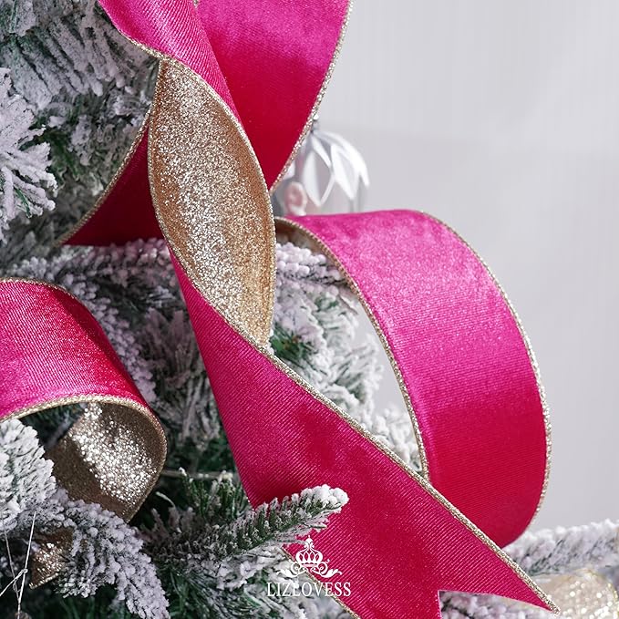 Hot Pink Velvet Wired Ribbon with Glitter Back 2.5 Inch Pink and Gold Christmas Ribbon Wired Fuschia Ribbon for Valentine's Day, Gift Wrapping, Wreaths Supplies (10 Yards)