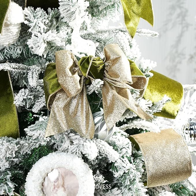 Moss Velvet Wired Ribbon with Glitter Back 4 Inch Green and Gold Christmas Ribbon Wired Olive Ribbon for Christmas Tree, Gift Wrapping, Crafts, Wreaths Supplies, Topper Bows (10 Yards)