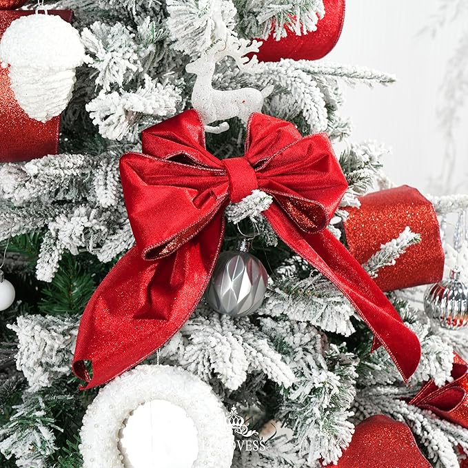 Red Velvet Wired Ribbon with Glitter Back 4 Inch Red Christmas Ribbon Wired Reversible Ribbon for Christmas Tree, Gift Wrapping, Mantel, Wreaths Supplies, Topper Bows (10 Yards)