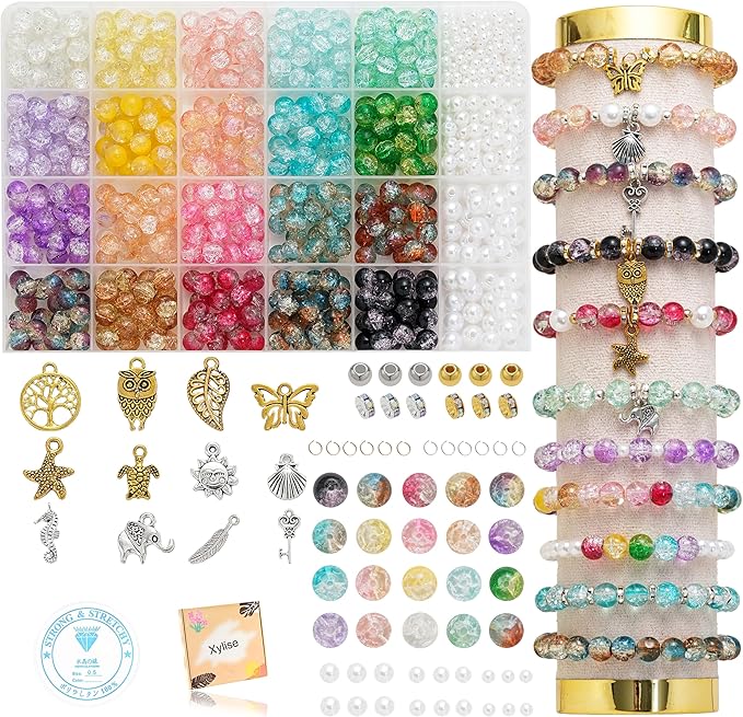 Glass Beads Bracelet Making Kit, 20 Colors 8mm Crackle Glass Beads for Jewelry Making, Crystal Glass Round Beads Friendship Bracelet kit for DIY Crafts Gifts