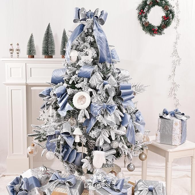 Dusty Blue Velvet Wired Ribbon with Glitter Back 4 Inch Blue and Silver Christmas Ribbon Wired Ribbon for Christmas Tree, Gift Wrapping, Mantel, Wreaths Supplies, Topper Bows (10 Yards)