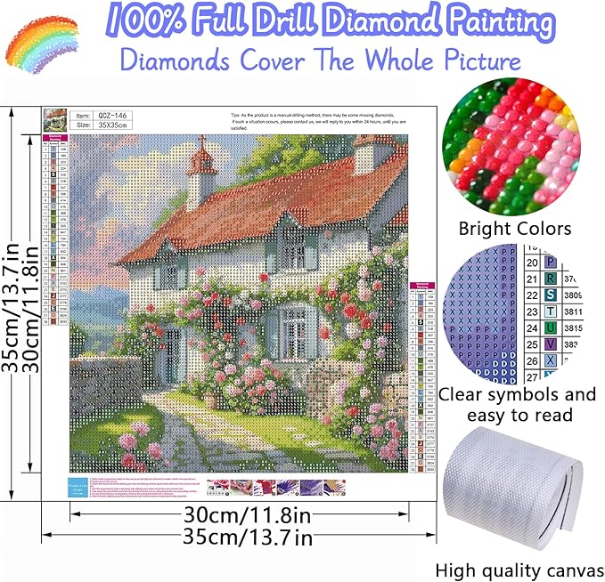 Flower House Diamond Painting Kits for Adults, 5D Diamond Art Painting by Numbers Kits, DIY House Diamond Dots Art Kits, Full Round Drill Diamond Art Kits for Adults for Home Wall Decor, 14x14 inch