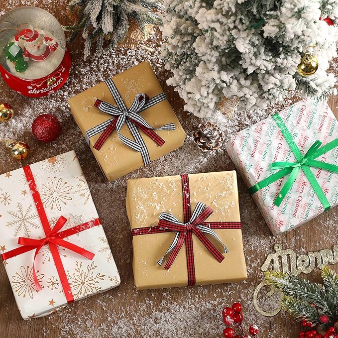 DECYOOL 4 Rolls 100 Yards Christmas Satin Ribbons 10mm Wide Holiday Craft Ribbons for Gift Wrapping and Xmas Decoration, Red & Green & Red Black Plaid & Black White Plaid