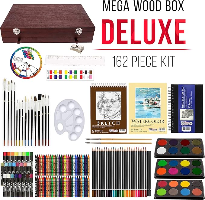 U.S. Art Supply 162-Piece Mega Wood Box Artist Kit with Painting, Drawing & Art Supplies for Adults - 24 Each (Watercolors, Oil Pastels, Pencils), 60 Crayons & 2 Brushes - Art Kit for Adults, Gift Set