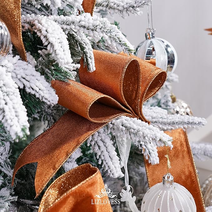 Copper Velvet Wired Ribbon with Glitter Back 2.5 Inch Copper Christmas Ribbon Wired Reversible Ribbon for Christmas Tree, Gift Wrapping, Crafts, Wreaths Supplies, Topper Bows (10 Yards)