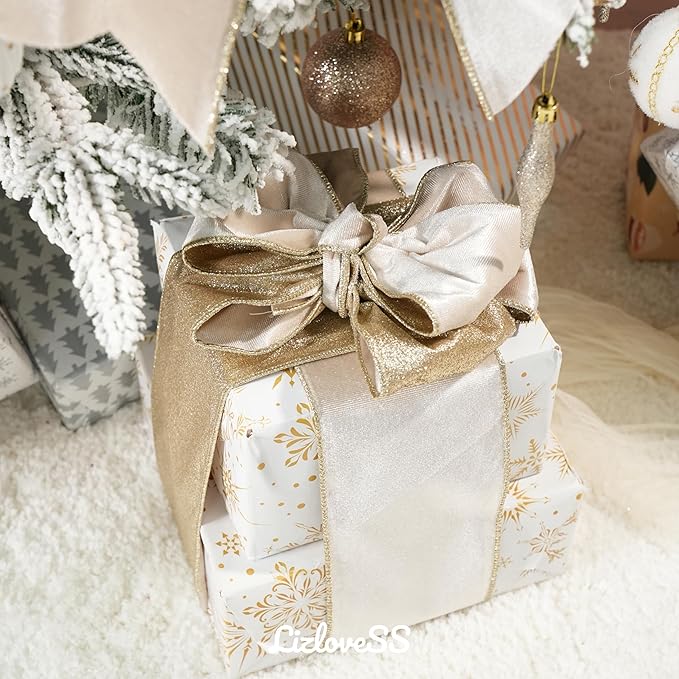 Champagne Velvet Wired Ribbon with Glitter Back 4 Inch Ivory and Gold Christmas Wired Ribbon for Christmas Tree Decorations, Gift Wrapping, Mantel, Wreaths Supplies, Topper Bows (10 Yards)