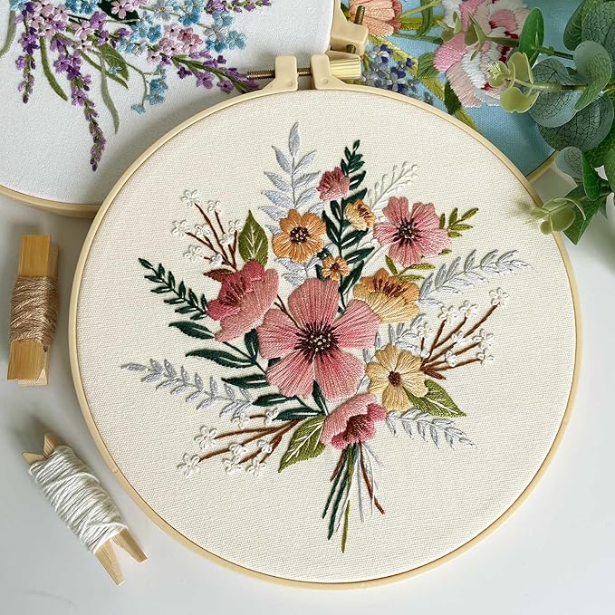 Myfelicity Embroidery Kit, 4 Flower Pattern Embroidery Set with 4 Patterns and 2 Hoops, Adult and Beginner Needlepoint Kit with Embroidery Floss, Needles, Cotton Fabric and Instructions…