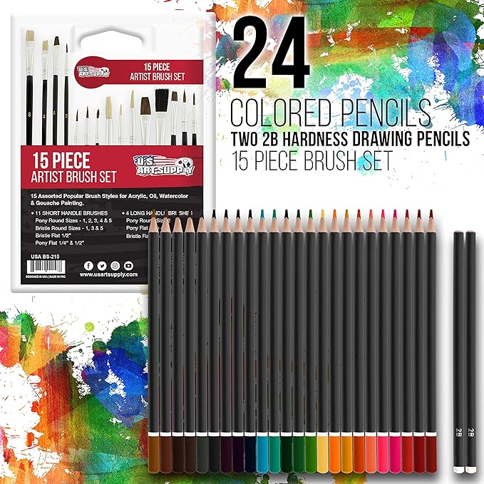 U.S. Art Supply 162-Piece Mega Wood Box Artist Kit with Painting, Drawing & Art Supplies for Adults - 24 Each (Watercolors, Oil Pastels, Pencils), 60 Crayons & 2 Brushes - Art Kit for Adults, Gift Set
