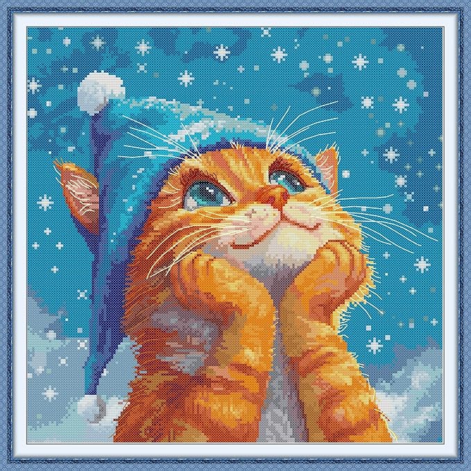 Threadhaven Counted Cross-Stitch Kit 14CT Aida Fabric with Threads, Needles & Guide | Animal Sewing Pattern Embroidery Kit for Adults | Premium DIY Craft Kit- Cat's Dream 15.7''×15.7''