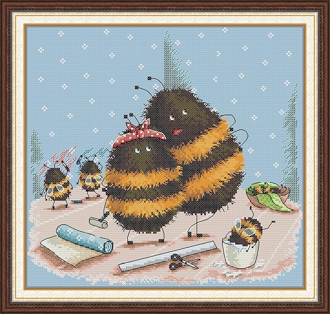 Threadhaven Counted Cross-Stitch Kit 14CT Aida Fabric with Threads, Needles & Guide | Animal Sewing Pattern Embroidery Kit for Adults | Premium DIY Craft Kit- Mother and Child Bees 13.8''×13''