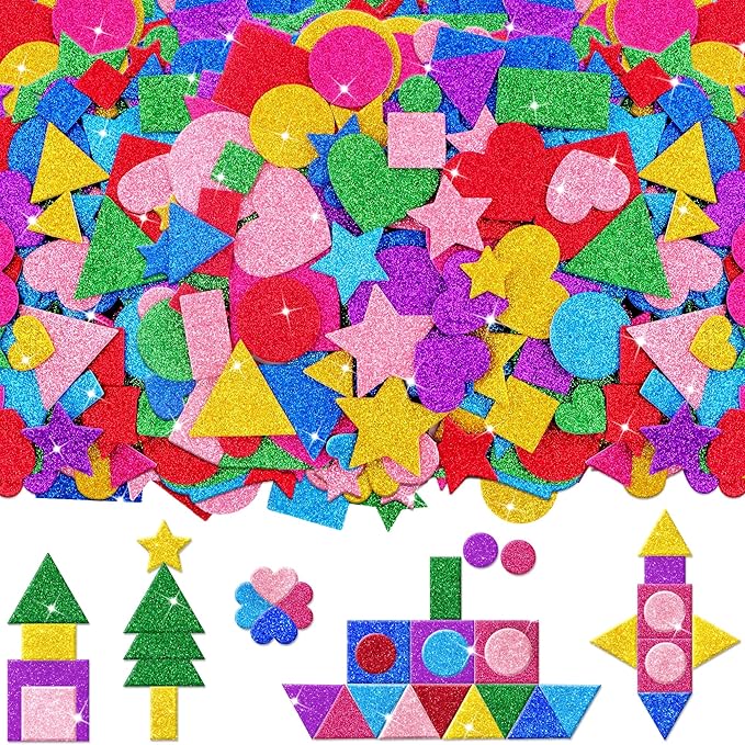 1000 Pcs Foam Stickers Glitter Shape Stickers Colorful Heart Stars Circle Sticker Self Adhesive Geometric Sticker for Kids Crafts Supplies Preschool DIY Art Project Scrapbooking Home Decor(Geometric)