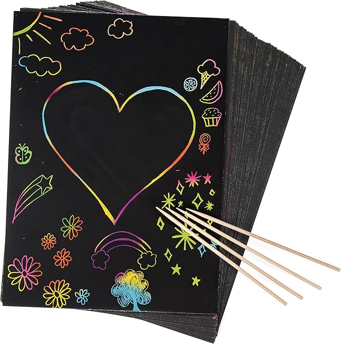 50 Piece Rainbow Scratch Paper - 4 Wooden Styluses Included - Create Rainbow Scratch Art With This Jumbo Craft Pack