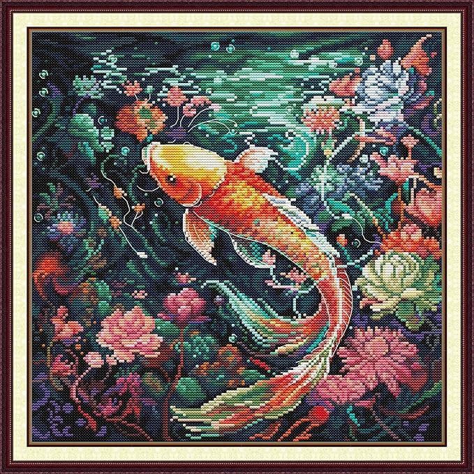 Threadhaven Counted Cross-Stitch Kit 14CT Aida Fabric with Threads, Needles & Guide | Animal Sewing Pattern Embroidery Kit for Adults | Premium DIY Craft Kit- Koi 3 14.1''×14.1''