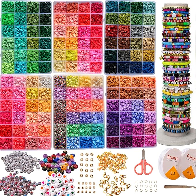 XJRLUK Clay Beads Bracelet Making Kit, 6 Boxes 20000+ PCS 144 Colors Polymer Flat HEISHI Beads Kit for Jewelry Making, Crafts Gift for Christmas Party Gift Craft kit