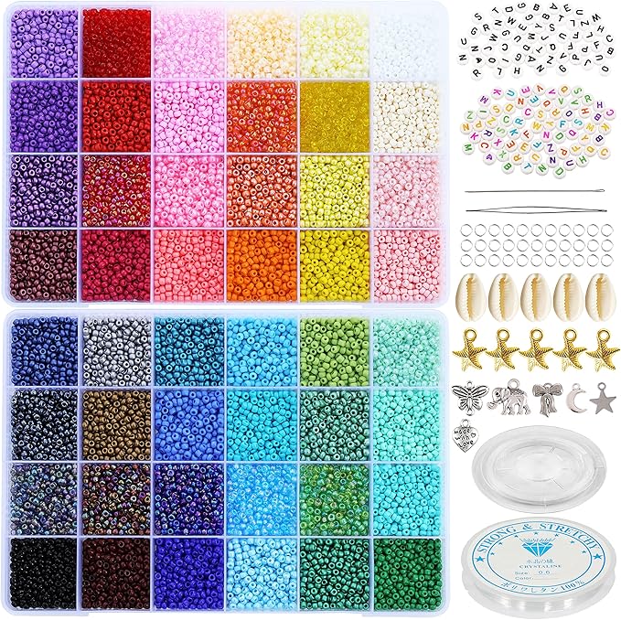 LEECOON 15800+pcs Size 8/0, 3mm Glass Seed Beads for Bracelet Jewelry Making, Small Beads 48 Colors Assortments Kit for Making Necklace Earring with Alphabet Beads Charms Pendants