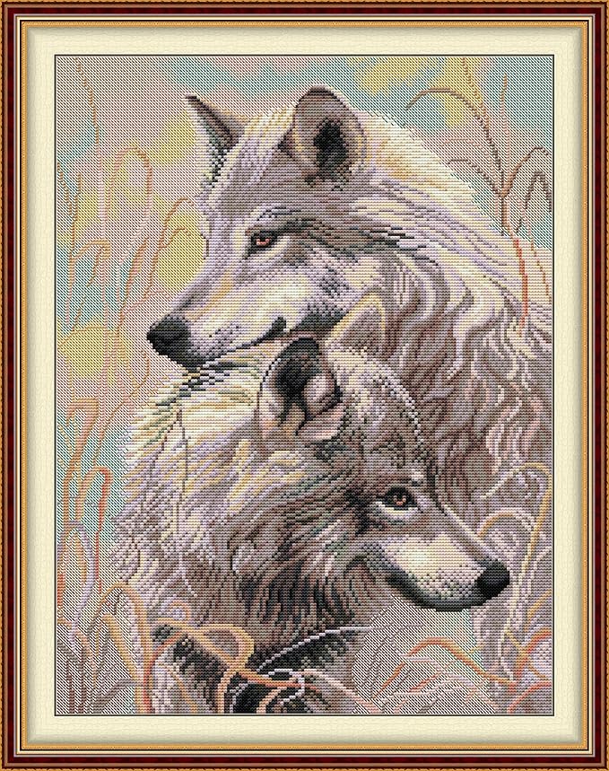 Threadhaven Counted Cross-Stitch Kit 14CT Aida Fabric with Threads, Needles & Guide | Animal Sewing Pattern Embroidery Kit for Adults | Premium DIY Craft Kit-Two Wolves 14.5''×18.9''