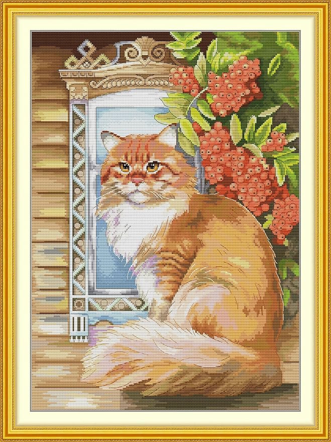 Threadhaven Counted Cross-Stitch Kit 14CT Aida Fabric with Threads, Needles & Guide | Animal Sewing Pattern Embroidery Kit for Adults | Premium DIY Craft Kit- The Cat in The Window 14.9''×20.4''