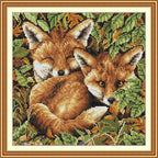 Threadhaven Counted Cross-Stitch Kit 14CT Aida Fabric with Threads, Needles & Guide | Animal Sewing Pattern Embroidery Kit for Adults | Premium DIY Craft Kit- Two Foxes 3 12.2''×12.2''