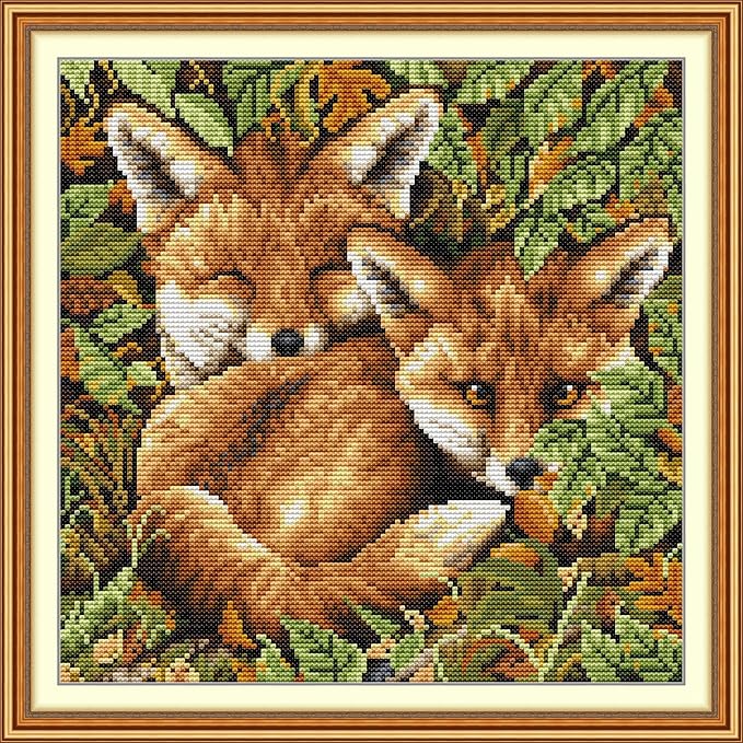 Threadhaven Counted Cross-Stitch Kit 14CT Aida Fabric with Threads, Needles & Guide | Animal Sewing Pattern Embroidery Kit for Adults | Premium DIY Craft Kit- Two Foxes 3 12.2''×12.2''
