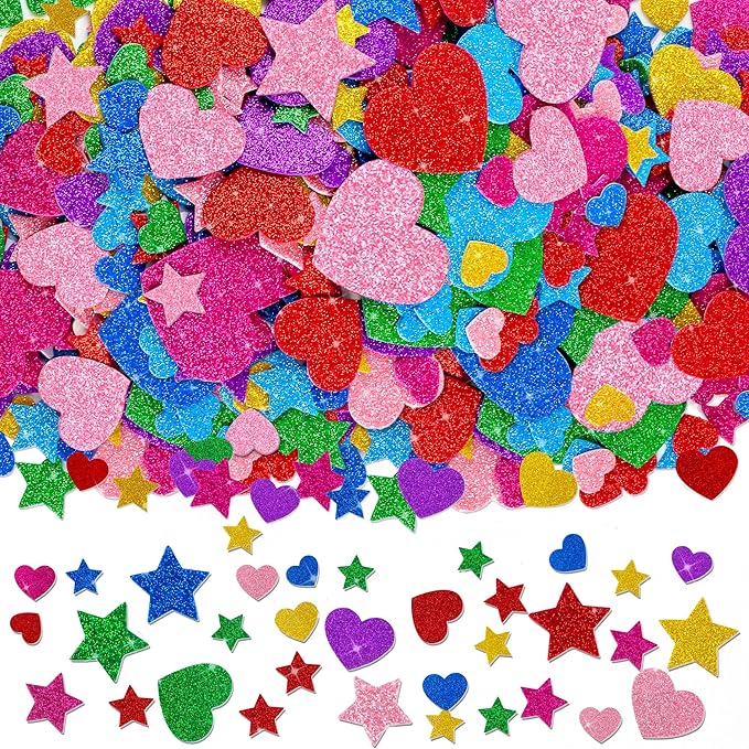 1000 Pcs Foam Stickers Glitter Shape Stickers Colorful Heart Stars Sticker Self Adhesive Geometric Sticker for Kids Crafts Supplies Preschool DIY Art Project Scrapbooking Home Decor(Heart & Star)