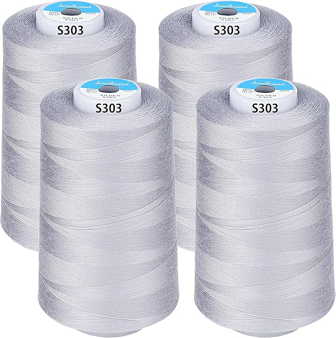 Simthread All Purpose Sewing Thread from 100% Spun Polyester for Serger, Overlock, Merrow, Quilting Sewing 4 Big Cones of 5000M (5500 Yards) Each - 40S/2 Silver